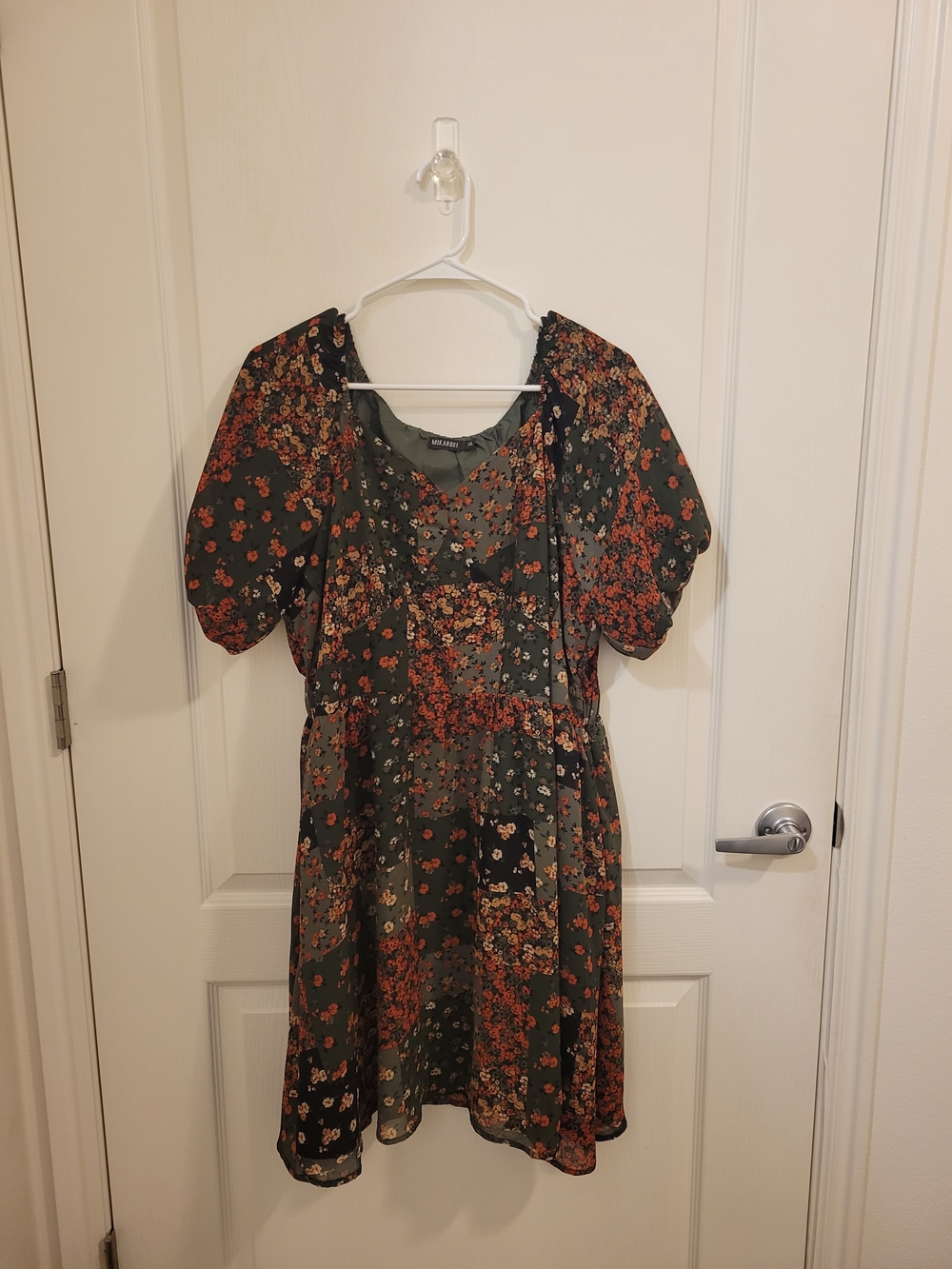 Mikarose Olive Green Floral Puff-Sleeve Mini Dress